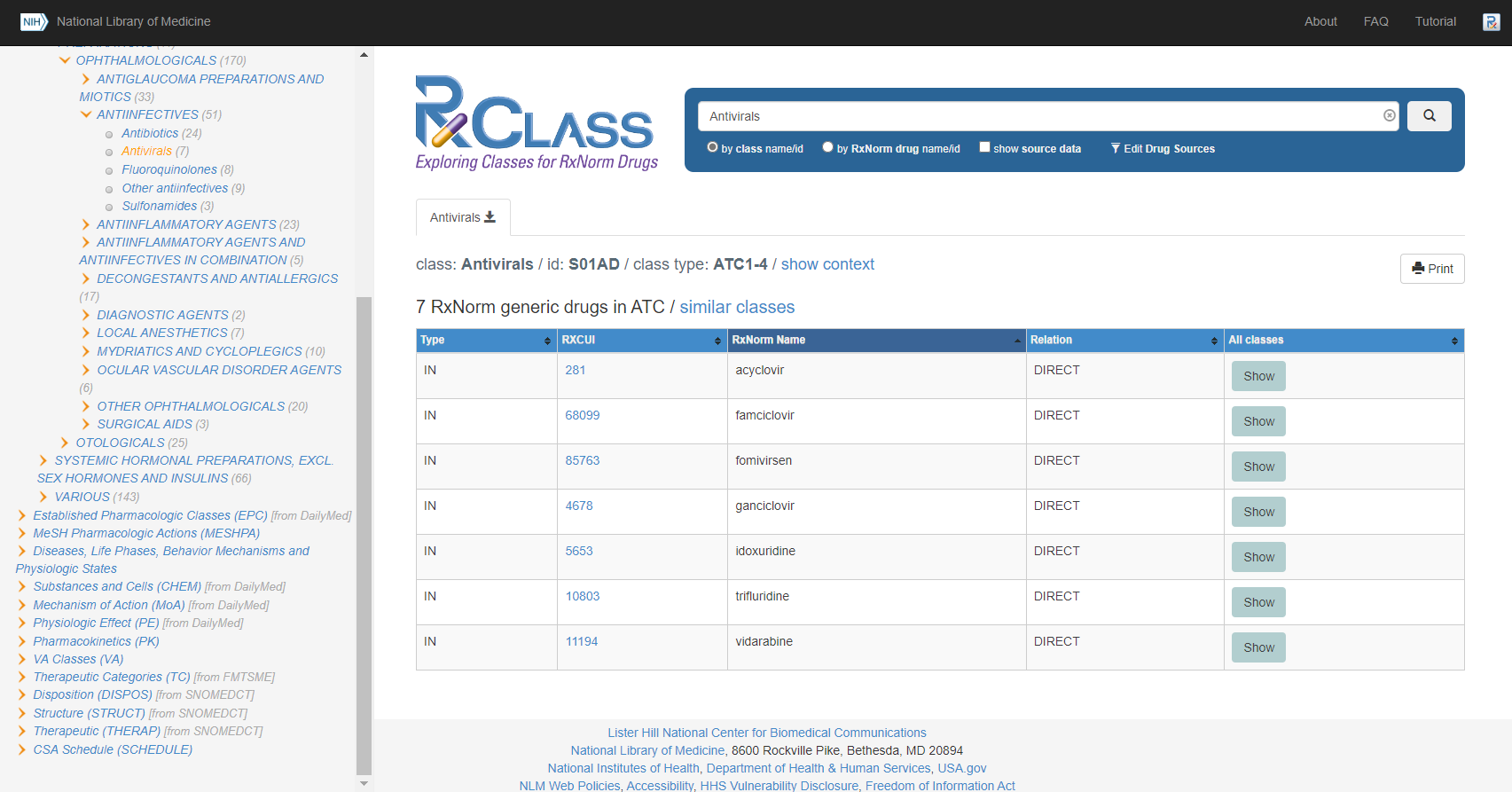 sample view of RxClass Browser